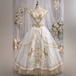 Unique XV White & Gold Embroidered Ball Gown – Small – Lace Up Corset